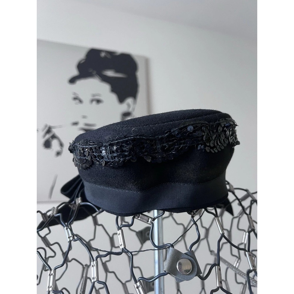Vintage New York Creation Black Wool Felt Pillbox Hat Sequin Trim Bow Detail 22